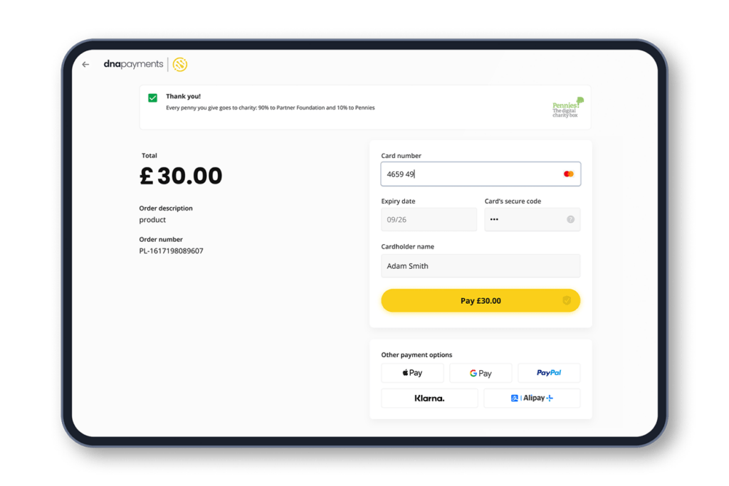 DNA Payments hosted checkout page with card form, £30 total, and Apple Pay, Google Pay, PayPal, Klarna, and Alipay options