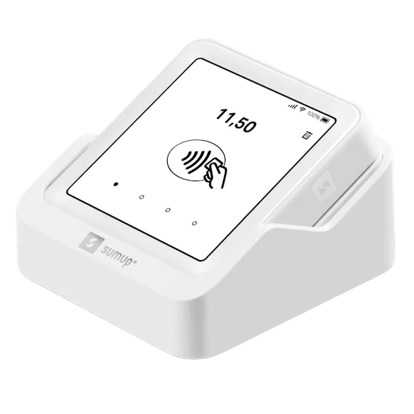 White SumUp Solo terminal dock showing an £11.50 contactless payment screen