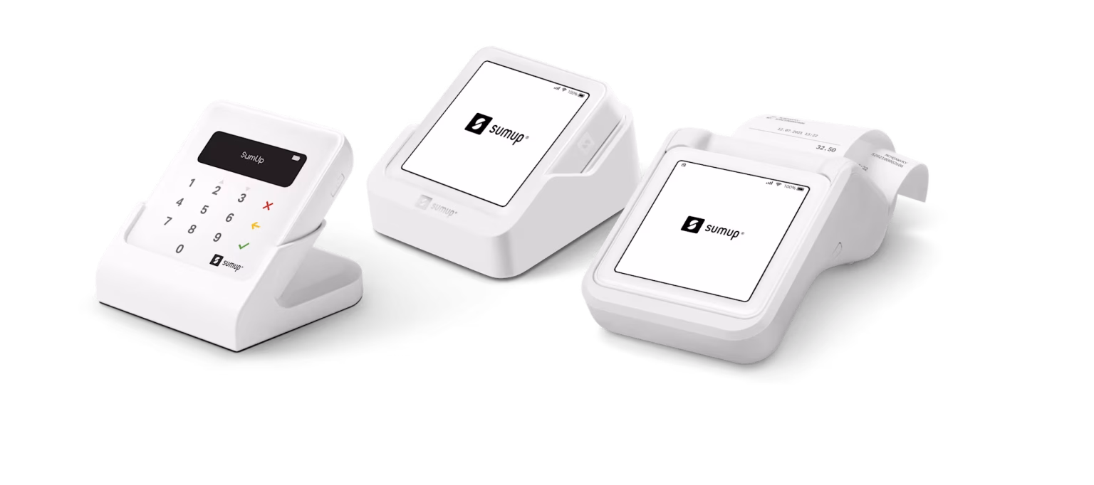 Three white SumUp payment devices shown side by side, including a keypad card reader, docked Solo reader, and printer terminal