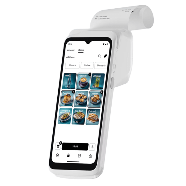 White SumUp payment terminal with built-in receipt printer displaying a restaurant POS menu, isolated on a transparent background