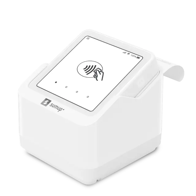 White SumUp Solo counter printer terminal with receipt paper and contactless payment screen