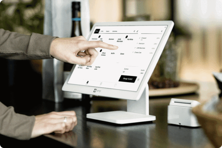 Animated overview of a SumUp retail POS kit with touchscreen register, card reader, cash drawer, and printer