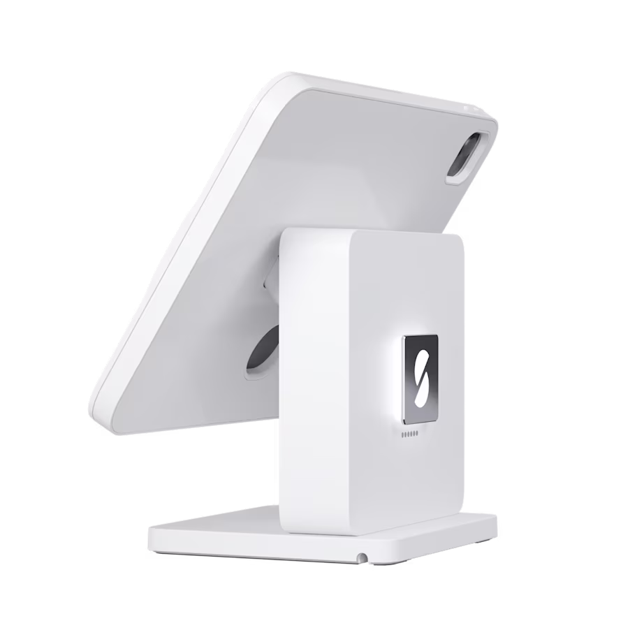 White POS tablet stand shown from the rear on a transparent background
