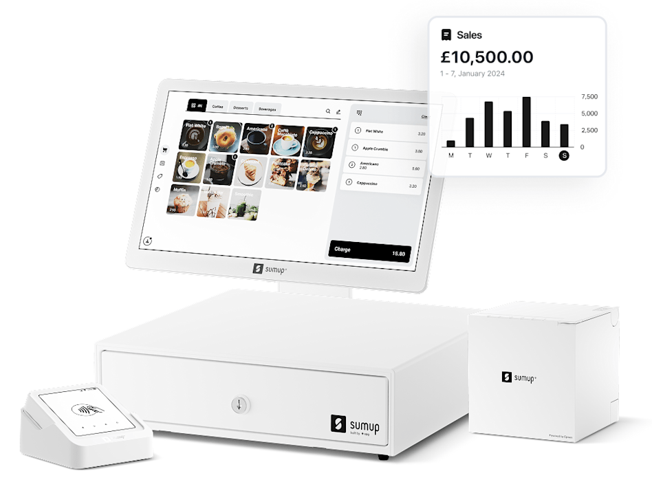 SumUp retail POS kit with touchscreen register, cash drawer, Solo reader, receipt printer, and sales chart graphic