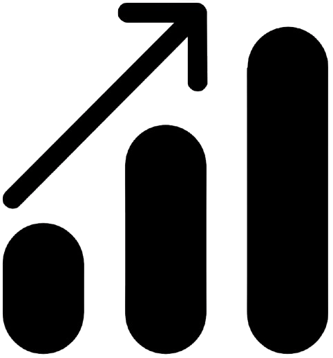 Black bar chart icon with an upward trend arrow