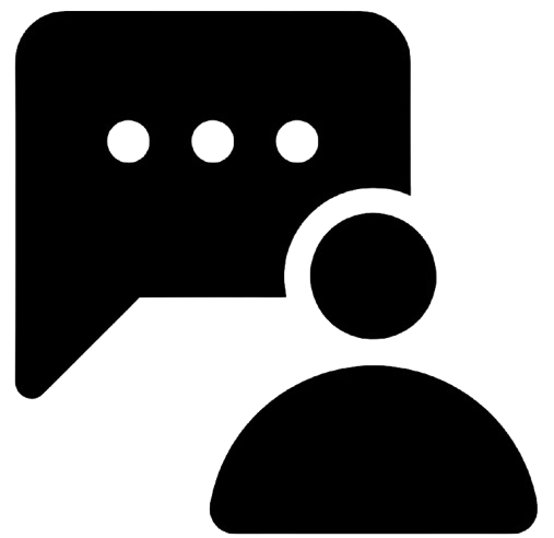 Black customer support or live chat icon with a speech bubble and user silhouette