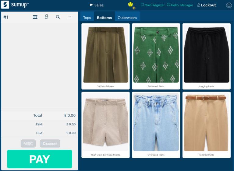 SumUp POS sales screen showing a clothing product catalogue with categories, prices, and a large Pay button.