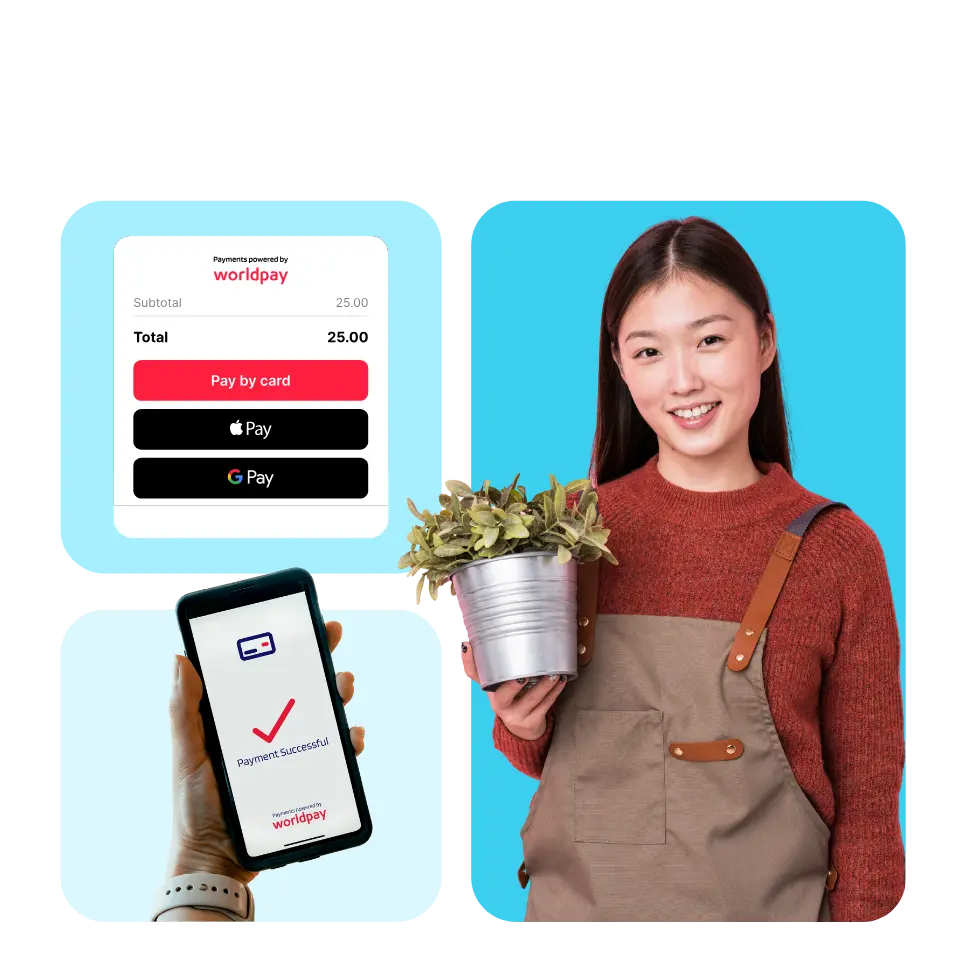Small business owner holding a potted plant beside online checkout and payment-success mobile screens