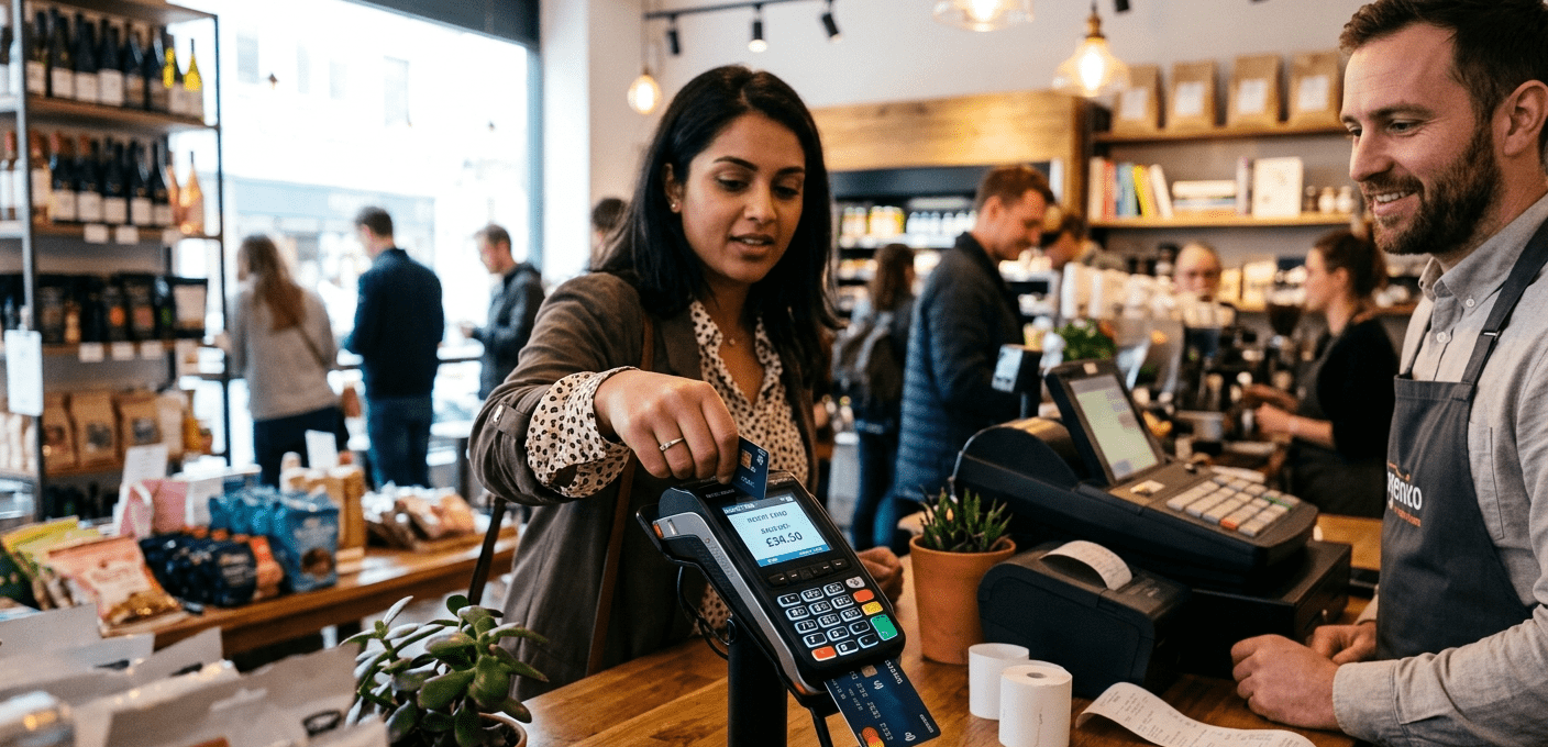 A man and woman stand together in front of a cash register, engaged in conversation while shopping.